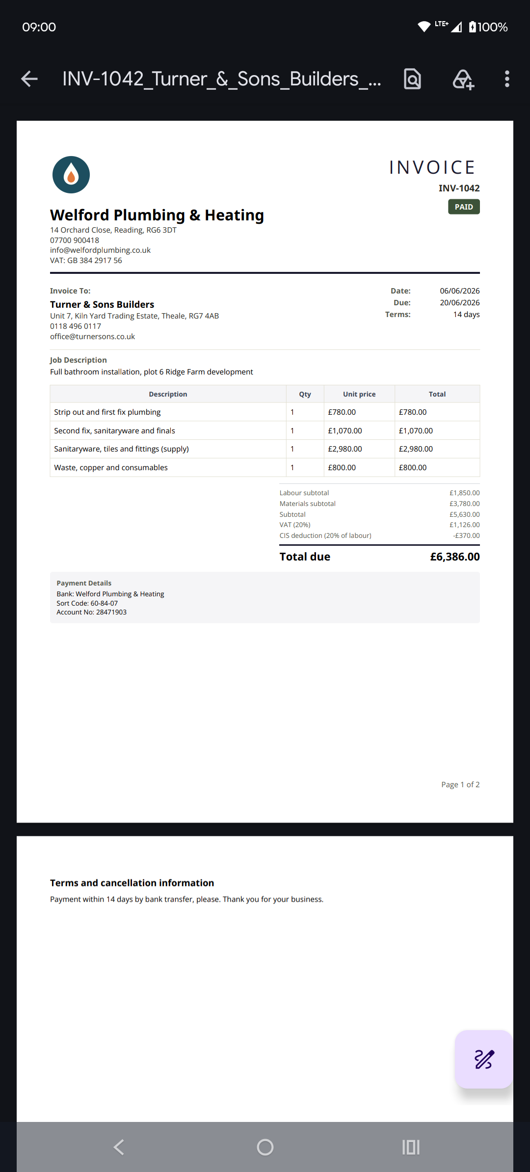 A finished invoice PDF with business logo, line items and CIS deduction
